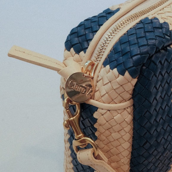 Clare V. Marisol Woven Leather Crossbody Bag – Indigo & Cream Racing Stripes - Picture 5 of 8